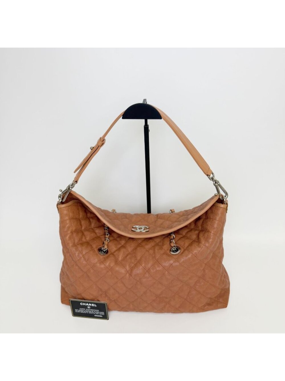 Chanel CC Logo Quilted 2-Way Chain Shoulder Bag Caviar Leather Camel Brown Seal